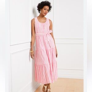 Talbots Pink and White Striped Tie-Waist Maxi Dress